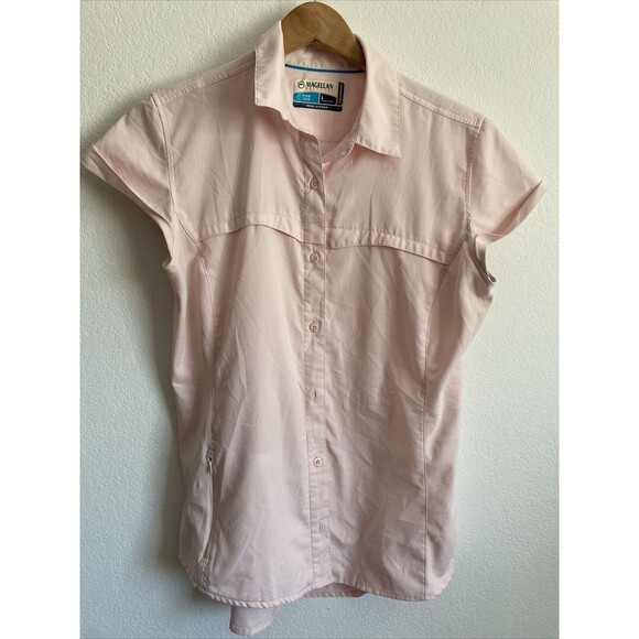Magellan Outdoors Fish Gear Shirt Pink Cap Sleeve Vented Semi-Fitted Top Sz L - Picture 1 of 8